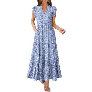 image:imageANRABESS Womens Summer Dress Ruffle Sleeve V Neck Vacation Maxi DressesFloral Blue