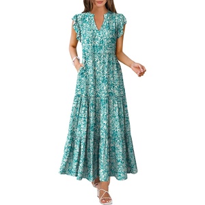 image:imageANRABESS Womens Summer Dress Ruffle Sleeve V Neck Vacation Maxi DressesFloral Green