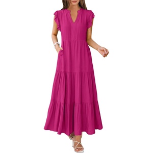 image:imageANRABESS Womens Summer Dress Ruffle Sleeve V Neck Vacation Maxi DressesHot Pink