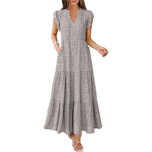 image:imageANRABESS Womens Summer Dress Ruffle Sleeve V Neck Vacation Maxi DressesKhaki Polka Dot