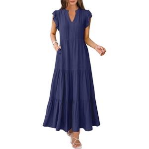 image:imageANRABESS Womens Summer Dress Ruffle Sleeve V Neck Vacation Maxi DressesNavy Blue