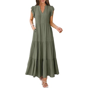 image:imageANRABESS Womens Summer Dress Ruffle Sleeve V Neck Vacation Maxi DressesOlive