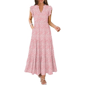 image:imageANRABESS Womens Summer Dress Ruffle Sleeve V Neck Vacation Maxi DressesPink Floral