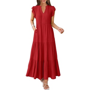 image:imageANRABESS Womens Summer Dress Ruffle Sleeve V Neck Vacation Maxi DressesRed