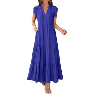 image:imageANRABESS Womens Summer Dress Ruffle Sleeve V Neck Vacation Maxi DressesRoyal Blue