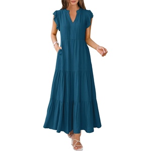 image:imageANRABESS Womens Summer Dress Ruffle Sleeve V Neck Vacation Maxi DressesTeal Blue
