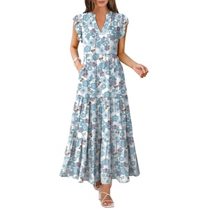 image:imageANRABESS Womens Summer Dress Ruffle Sleeve V Neck Vacation Maxi DressesWhite Blue Floral