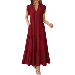 image:imageANRABESS Womens Summer Dress Ruffle Sleeve V Neck Vacation Maxi DressesWine Red