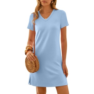 image:imageANRABESS Womens Wrinkle Free Summer Casual Short Sleeve Mini DressesLight Blue