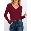 image:imageANRABESS Womens Long Sleeve Built in Bra Tops Fall V Neck Fitted T ShirtsBurgundy