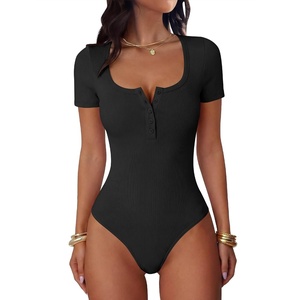 image:imageANRABESS Bodysuits for Women Summer Short Sleeve Scoop Neck Henley TopsBlack