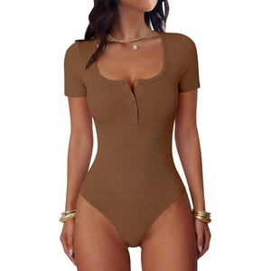 image:imageANRABESS Bodysuits for Women Summer Short Sleeve Scoop Neck Henley TopsBrown