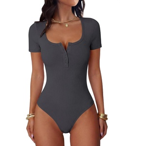 image:imageANRABESS Bodysuits for Women Summer Short Sleeve Scoop Neck Henley TopsCharcoal