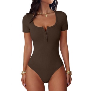 image:imageANRABESS Bodysuits for Women Summer Short Sleeve Scoop Neck Henley TopsCoffee