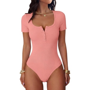 image:imageANRABESS Bodysuits for Women Summer Short Sleeve Scoop Neck Henley TopsCoral