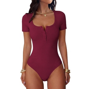 image:imageANRABESS Bodysuits for Women Summer Short Sleeve Scoop Neck Henley TopsDeep Red