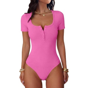 image:imageANRABESS Bodysuits for Women Summer Short Sleeve Scoop Neck Henley TopsHot Pink