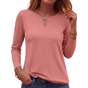 image:imageANRABESS Long Sleeve Shirts for Women Fall Metal Keyhole Neck Basic TopsCoral