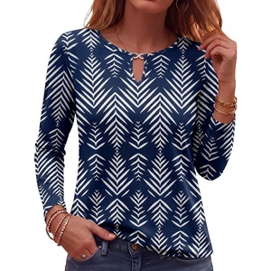 image:imageANRABESS Long Sleeve Shirts for Women Fall Metal Keyhole Neck Basic TopsFloral Dark Blue