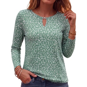 image:imageANRABESS Long Sleeve Shirts for Women Fall Metal Keyhole Neck Basic TopsFloral Green