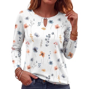 image:imageANRABESS Long Sleeve Shirts for Women Fall Metal Keyhole Neck Basic TopsFloral White