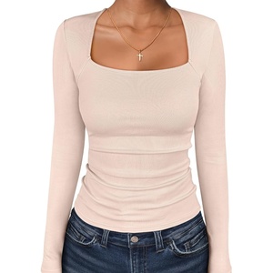 image:imageANRABESS Long Sleeve Shirts for Women Ribbed Square Neck TopsBeige