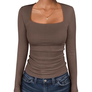 image:imageANRABESS Long Sleeve Shirts for Women Ribbed Square Neck TopsCoffee