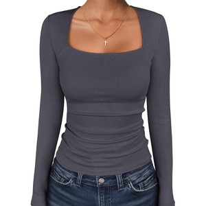 image:imageANRABESS Long Sleeve Shirts for Women Ribbed Square Neck TopsDeep Grey