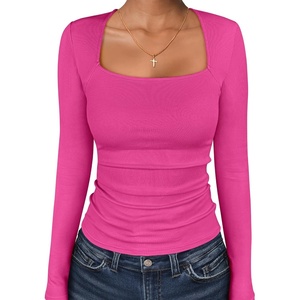 image:imageANRABESS Long Sleeve Shirts for Women Ribbed Square Neck TopsHot Pink