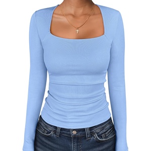image:imageANRABESS Long Sleeve Shirts for Women Ribbed Square Neck TopsSky Blue