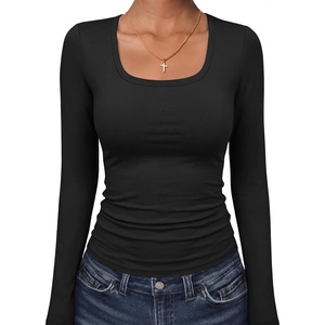 image:imageANRABESS Womens Square Neck Long Sleeve Shirts Double Lined Fall TopsBlack