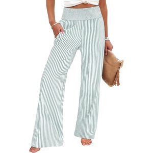 image:imageANRABESS Womens Striped Gingham Wide Leg Palazzo Pants with PocketsGreen White Stripe
