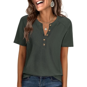 image:imageANRABESS Womens Waffle Knit Henley Top Short Sleeve ShirtsArmy Green