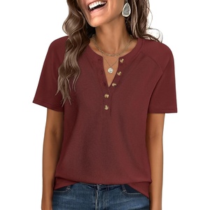 image:imageANRABESS Womens Waffle Knit Henley Top Short Sleeve ShirtsBirck Red
