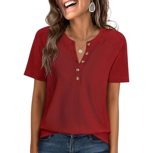 image:imageANRABESS Womens Waffle Knit Henley Top Short Sleeve ShirtsBright Red