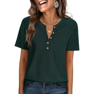 image:imageANRABESS Womens Waffle Knit Henley Top Short Sleeve ShirtsDeep Green