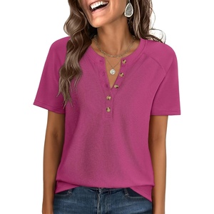 image:imageANRABESS Womens Waffle Knit Henley Top Short Sleeve ShirtsHot Pink