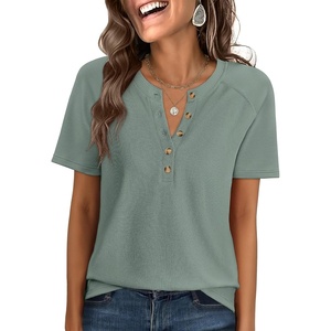 image:imageANRABESS Womens Waffle Knit Henley Top Short Sleeve ShirtsLight Green