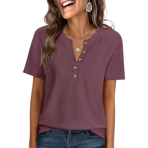 image:imageANRABESS Womens Waffle Knit Henley Top Short Sleeve ShirtsMauve