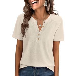 image:imageANRABESS Womens Waffle Knit Henley Top Short Sleeve ShirtsParchment