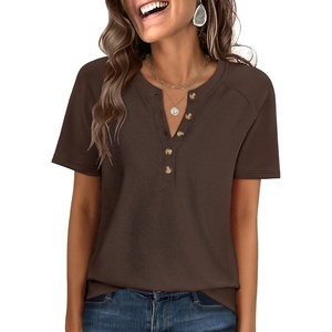 image:imageANRABESS Womens Waffle Knit Henley Top Short Sleeve ShirtsRed Brown