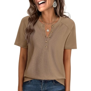 image:imageANRABESS Womens Waffle Knit Henley Top Short Sleeve ShirtsTan