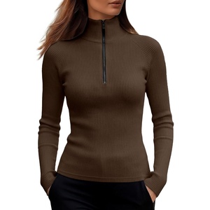 image:imageANRABESS Long Sleeve Shirts for Women Quarter Zip Ribbed TopBrown