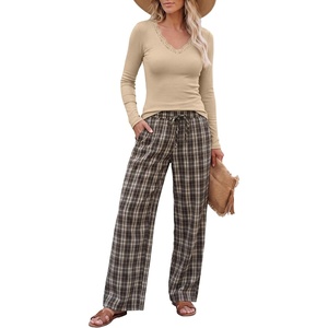 image:imageANRABESS Pajamas for Women Long Sleeve 2 Piece Lounge SetsKhaki Plaid