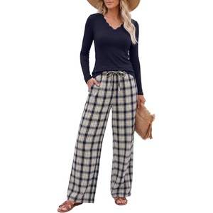 image:imageANRABESS Pajamas for Women Long Sleeve 2 Piece Lounge SetsNavy Blue Plaid