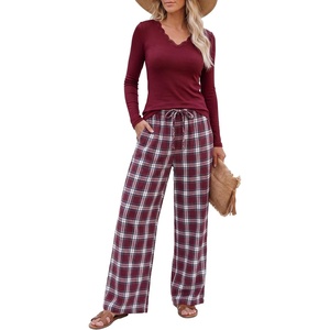image:imageANRABESS Pajamas for Women Long Sleeve 2 Piece Lounge SetsWine Plaid