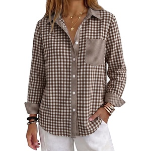 image:imageANRABESS Womens Long Sleeve Button Down Gingham Striped ShirtsBrown White Plaid