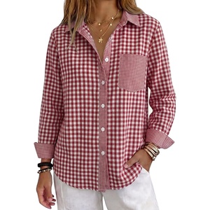 image:imageANRABESS Womens Long Sleeve Button Down Gingham Striped ShirtsRed White Plaid