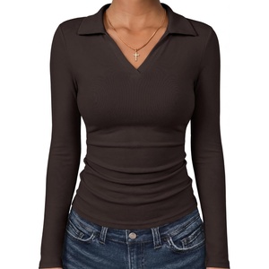 image:imageANRABESS Womens Long Sleeve Fitted Polo Shirts Fall Business Casual TopDeep Brown