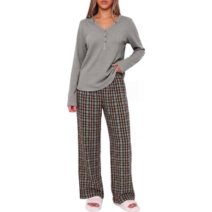 image:imageANRABESS Womens Pajama Sets Sleepwear Lounge Set Fall 2 Piece Outfits PjsGrey  Grey Plaid